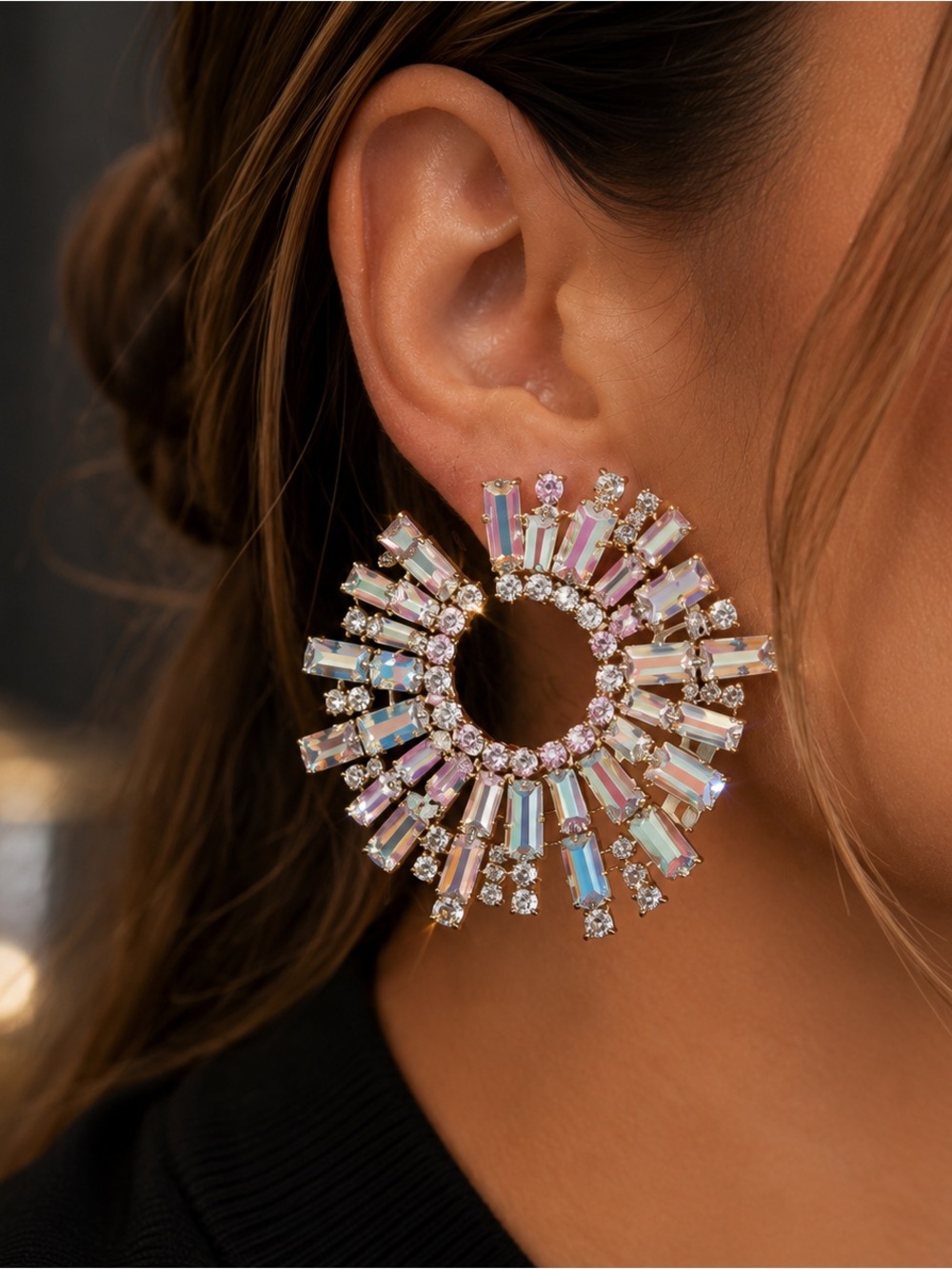 Luxury Iridescent Crystal Sunburst Hoop Earrings